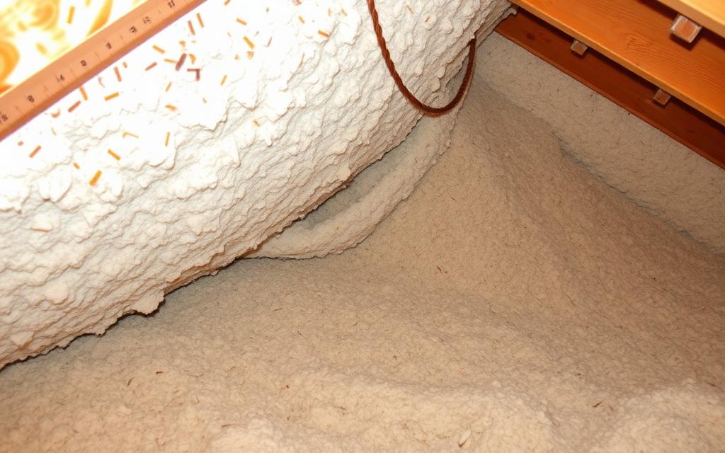 Entretoit après isolation en laine soufflée : épaisseur uniforme et repères de profondeur
