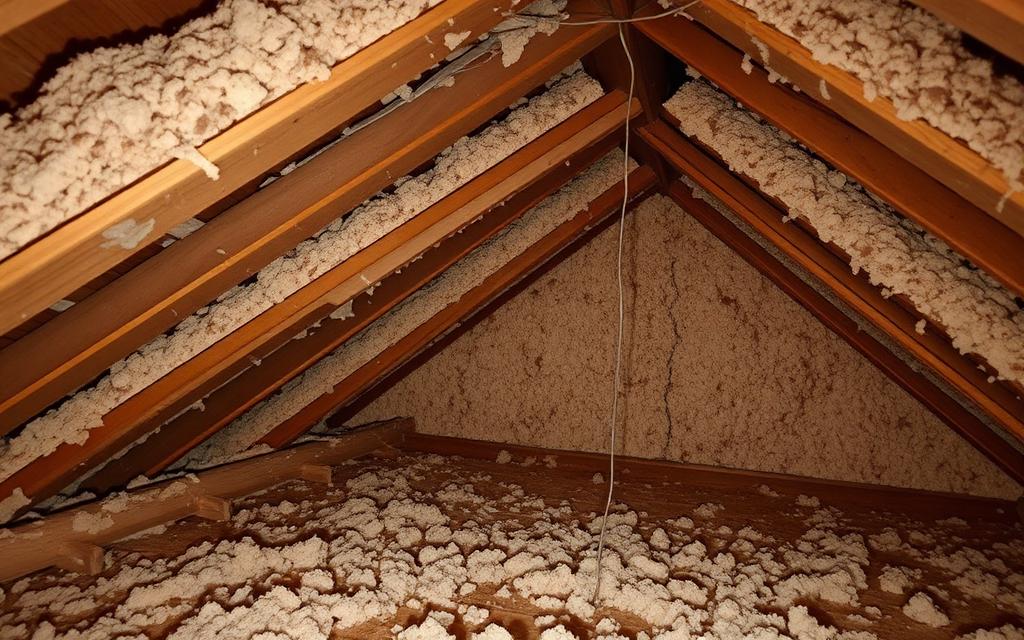 Entretoit avant les travaux : isolant ancien, tassé et inégal